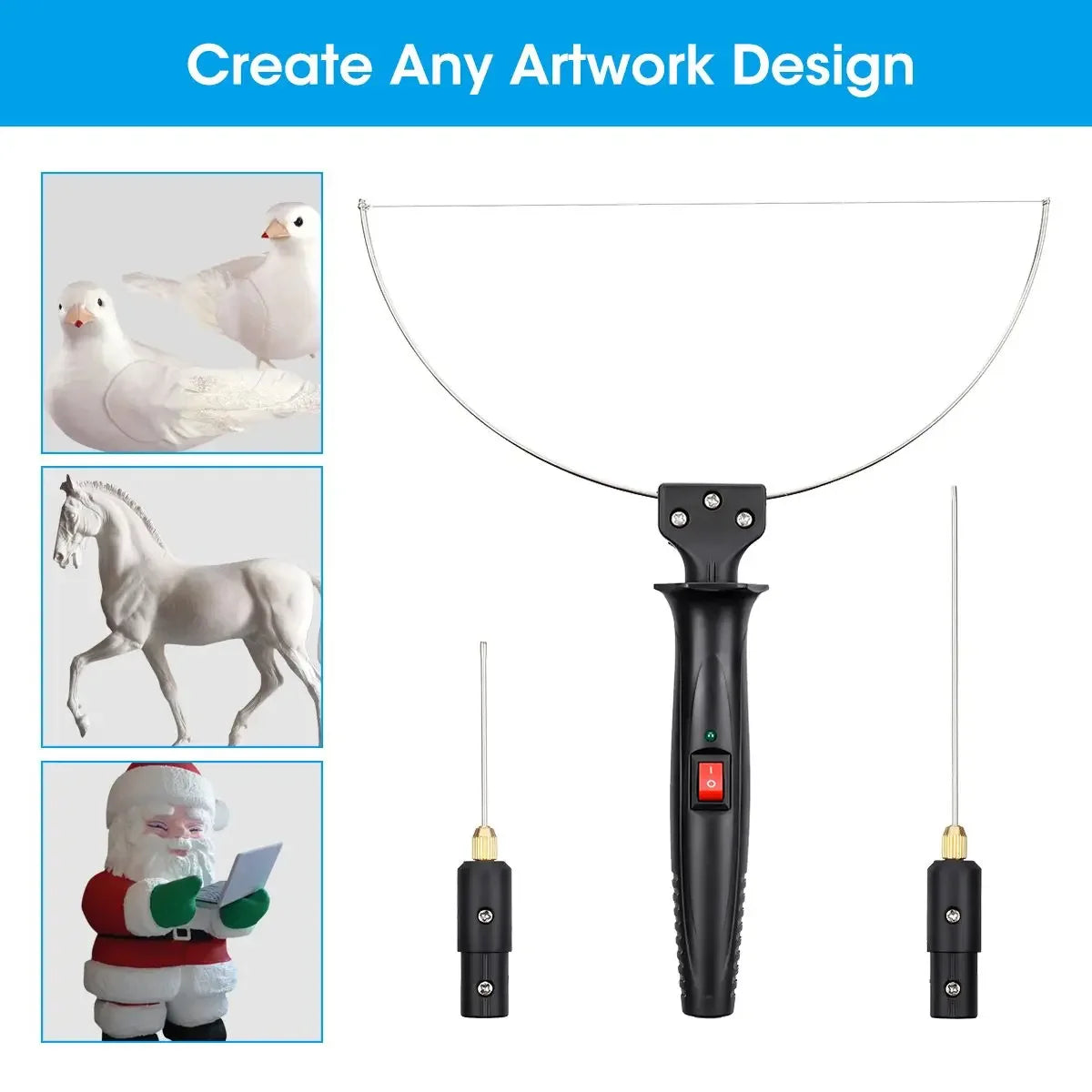 A set of electric styrofoam cutting pens including a white goose, a white horse, and a Santa figure.