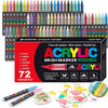 A collection of 72 colored acrylic brush markers in various tips and colors displayed in a box with loose pens.