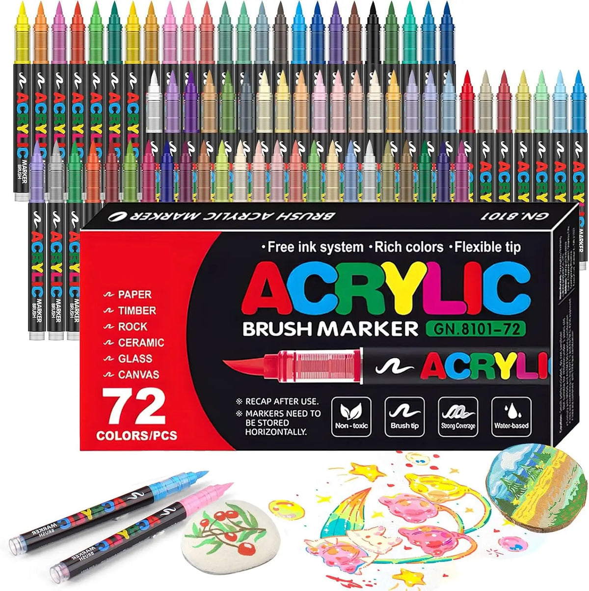 A collection of 72 colored acrylic brush markers in various tips and colors displayed in a box with loose pens.