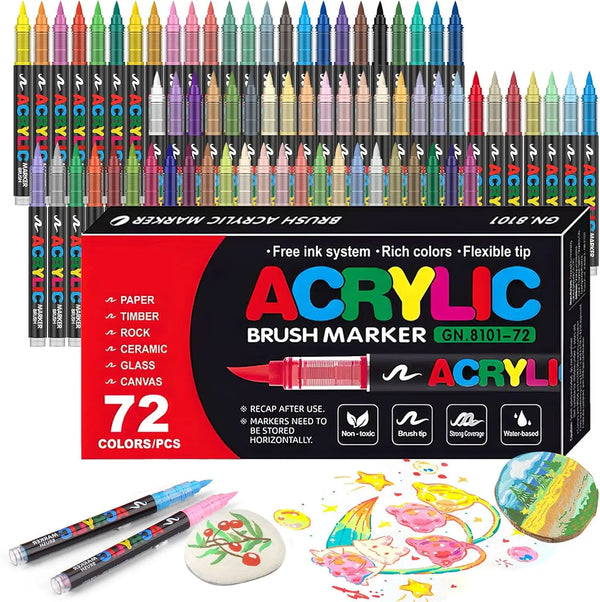 A collection of 72 colored acrylic brush markers in various tips and colors displayed in a box with loose pens.