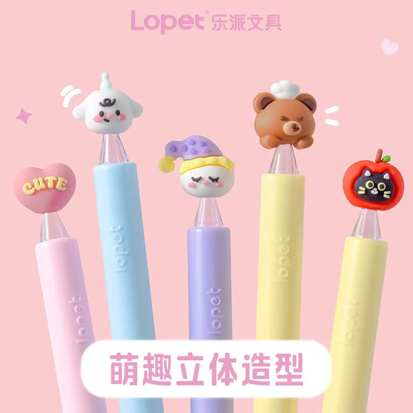 A set of four cute heart-shaped gel pens featuring animal patterns like a white cat, brown bear, and others.