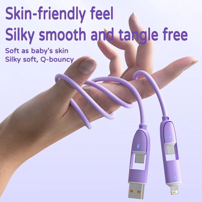 A hand holds a purple silky smooth tangle-free charging cable with a connector.