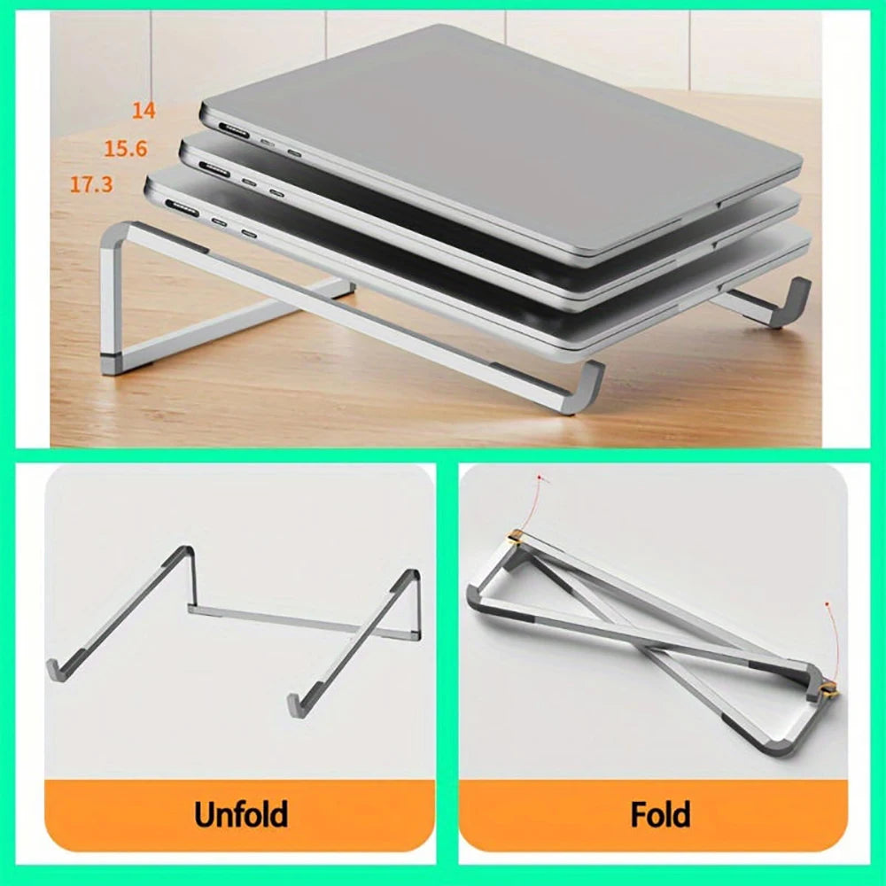 A foldable aluminum laptop stand shown in both unfolded and folded states, designed for non-slip grip.