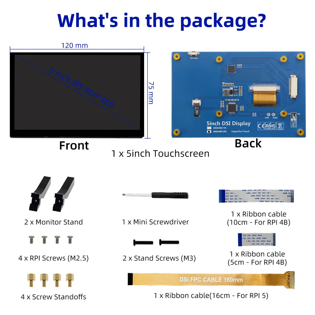 Components included for a DSI touchscreen display kit, featuring a screen, cables, screws, and mounting hardware.