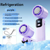 A purple handheld refrigeration fan with an ice porcelain semiconductor feature and LED display is shown against a blue backg