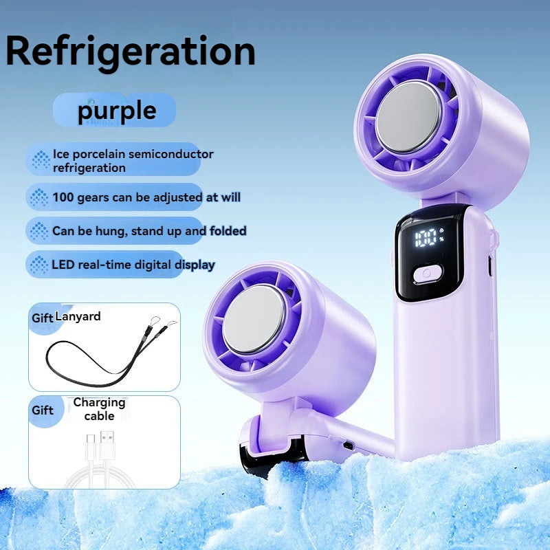 A purple handheld refrigeration fan with an ice porcelain semiconductor feature and LED display is shown against a blue backg