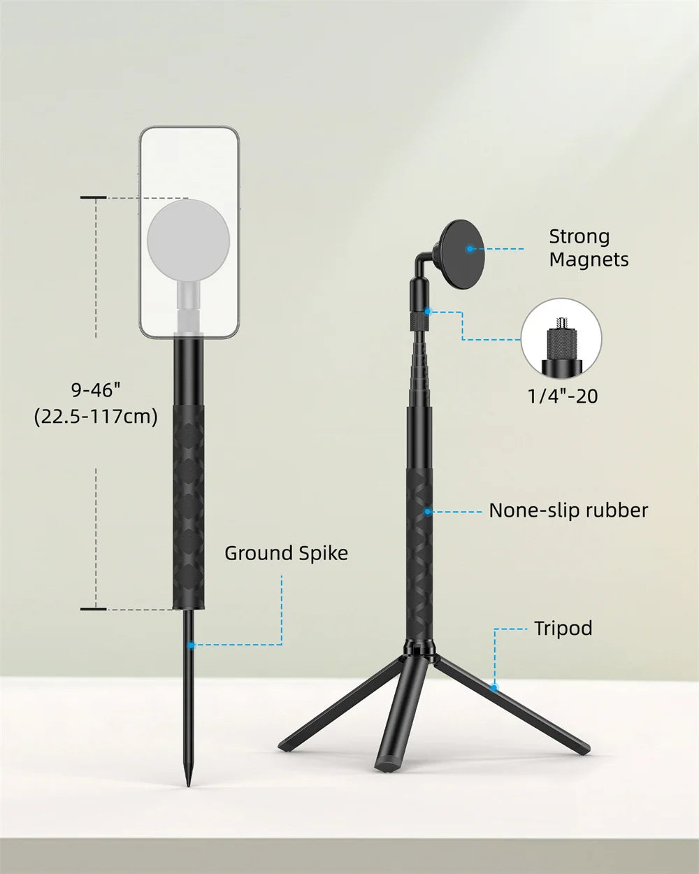 A black magnetic golf monopod tripod with a flat plate and non-slip rubber for swing recording.