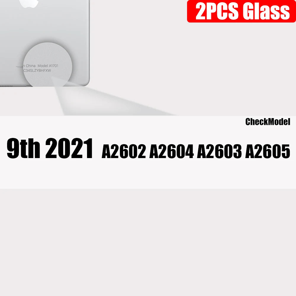 Zwei klare gehärtete Glasschutzfolien für Apple iPad Modelle A2602, A2604, A2603 und A2605.