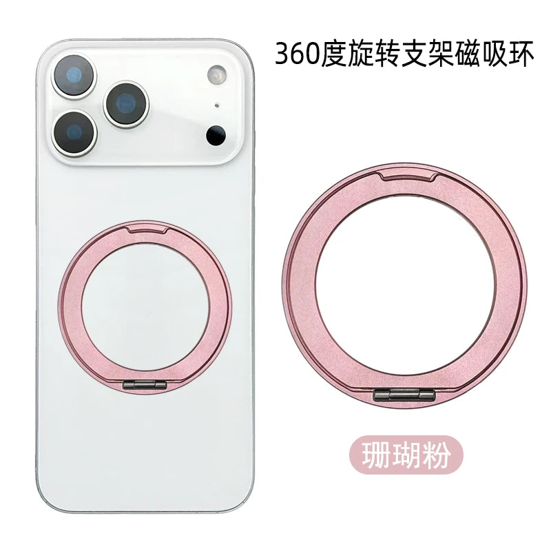 Weißes iPhone-Hülle mit magnetischem Ringhalter, gezeigt neben dem separaten rosa magnetischen Ring.