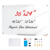 A white magnetic glass whiteboard with various size options and mounting hardware shown.