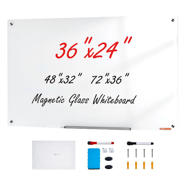 A white magnetic glass whiteboard with various size options and mounting hardware shown.