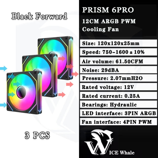 مروحة تبريد سوداء Prism 6PRO بقياس 12 سم مع محامل هيدروليكية وواجهة LED ARGB PWM