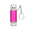 A pink dual USB and Type-C flash drive with a clear casing and a metal keyring attachment.