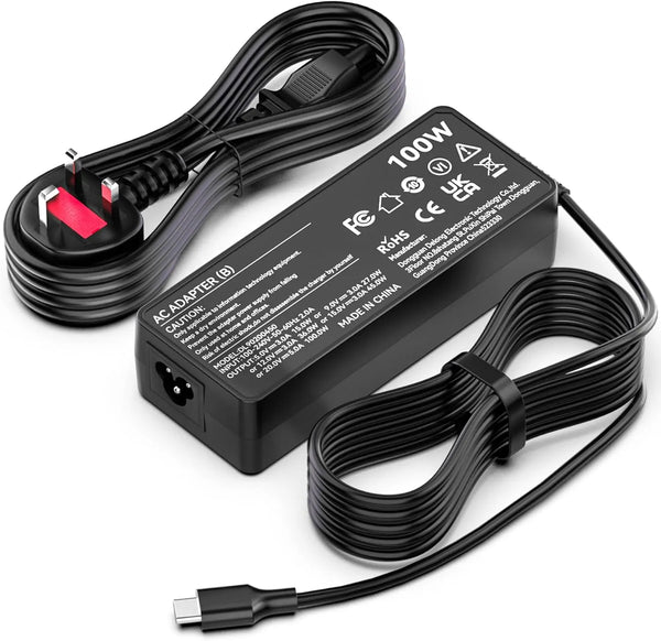 Black AC adapter for a laptop, featuring USB-C output and 100W power.