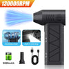 Black handheld dust blower with a brushless motor and built-in LED lamp, shown next to a 5000mAh battery.