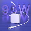 A white USB-C power adapter connected by a cable, set against a purple background with large silver text reading 96W.
