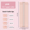 Pink 4 in 1 paper cutter with interchangeable knife tips including straight line, dotted line, wavy line, and crimping mark
