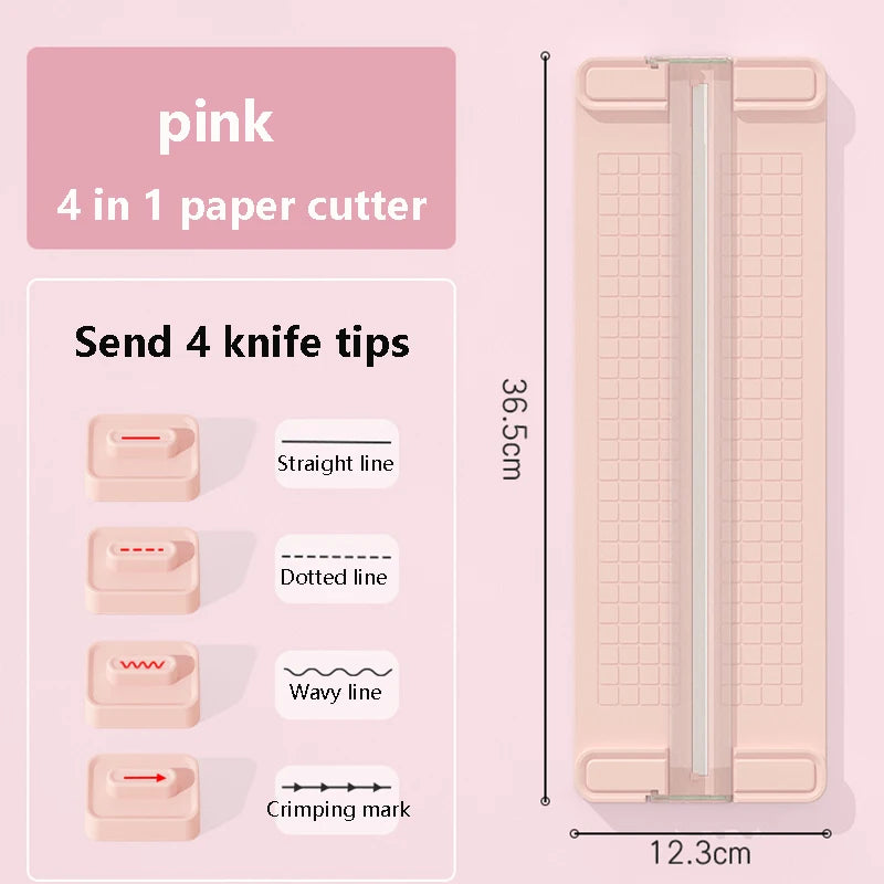 Pink 4 in 1 paper cutter with interchangeable knife tips including straight line, dotted line, wavy line, and crimping mark