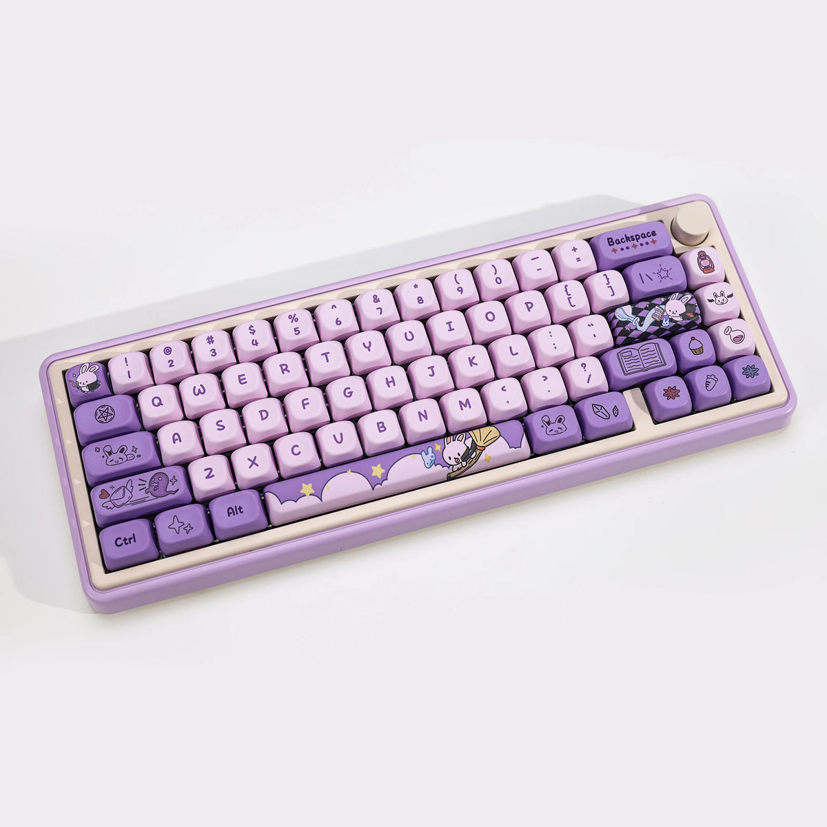 A purple Magic Bunny PBT keycap set with KOA profile and dye-sublimated keycaps displayed on a white background.