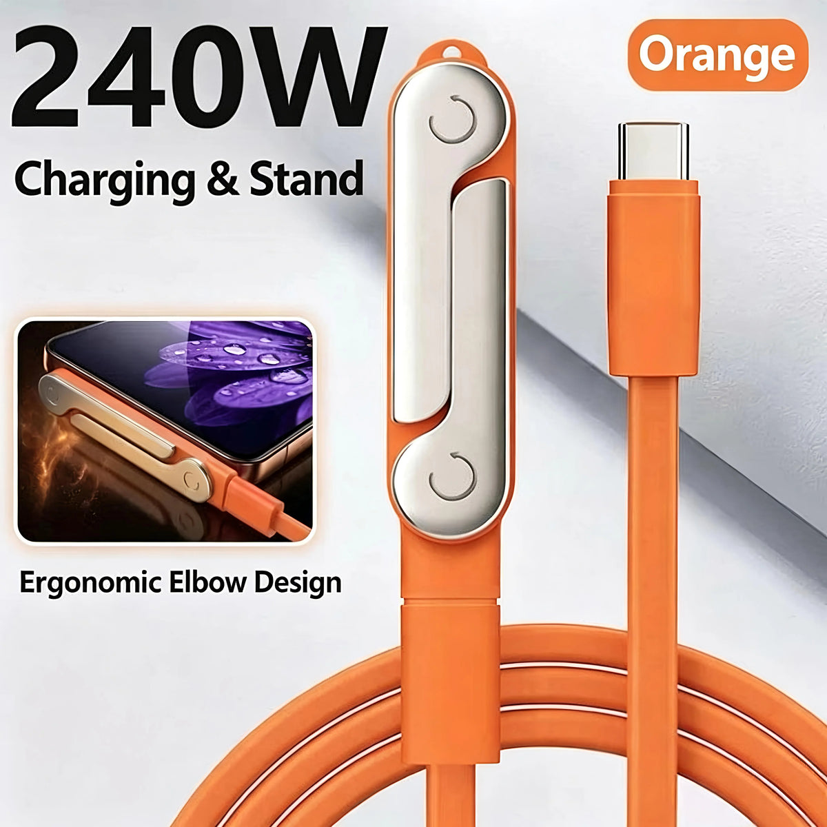 Orange 240W fast charging USB-C adapter with an ergonomic elbow design and folding stand.