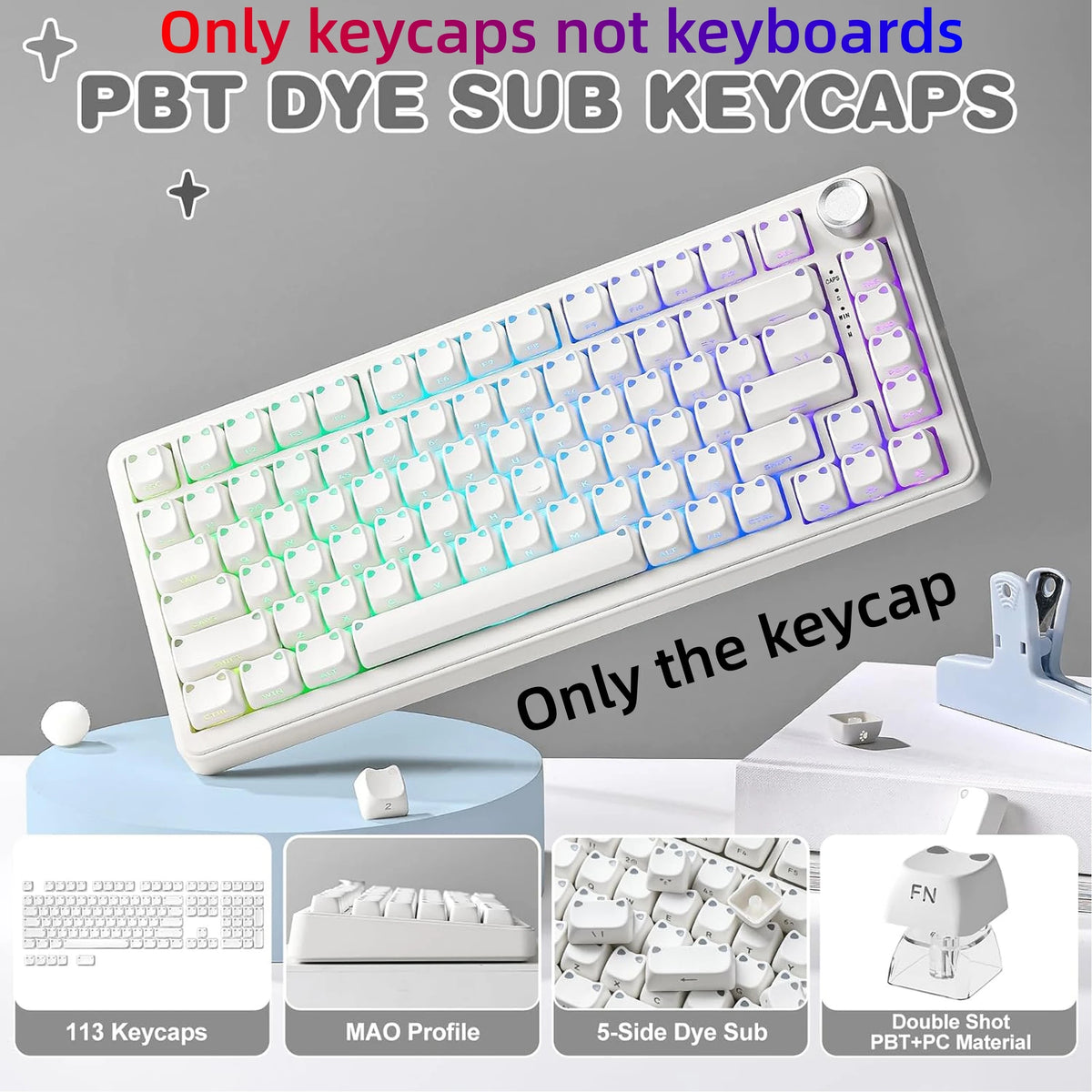 A white PBT dye sub keycap set featuring a cat theme, displayed on a keyboard layout.