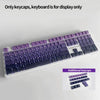 A white keyboard featuring purple and dark blue PBT keycaps, with additional keycaps shown below.