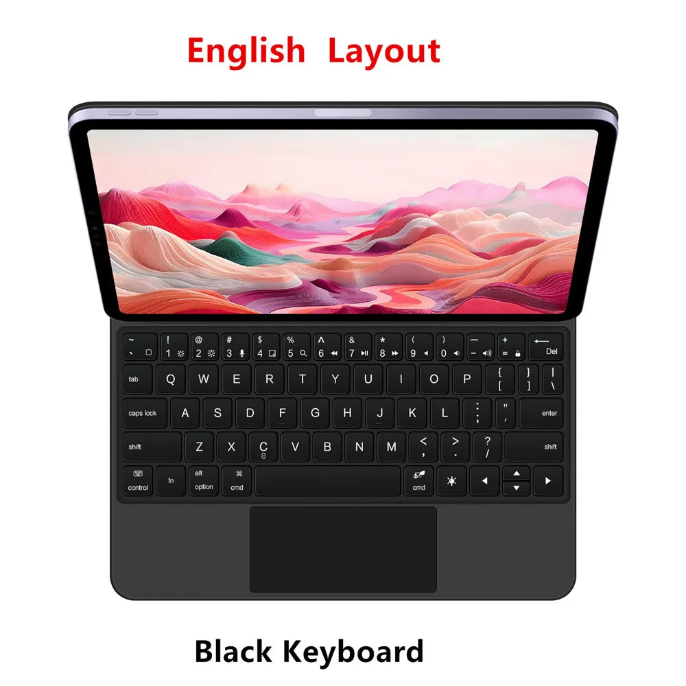 Clavier noir anglais pour iPad, affichant un paysage coloré.
