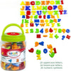A set of magnetic alphabet and number tiles in various colors for children's learning