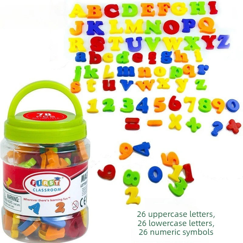 A set of magnetic alphabet and number tiles in various colors for children's learning