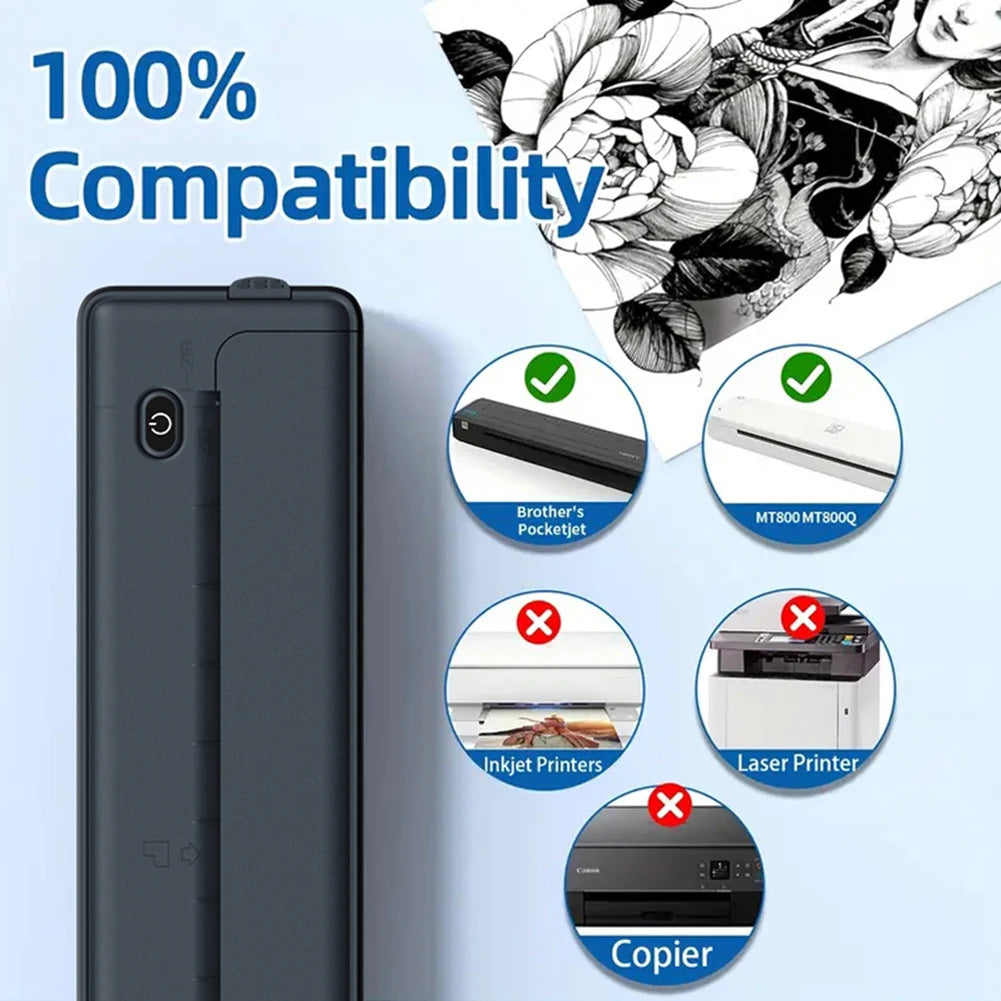 A black thermal paper roll is shown next to various office machines like printers and a copier, emphasizing 100% compatibilit