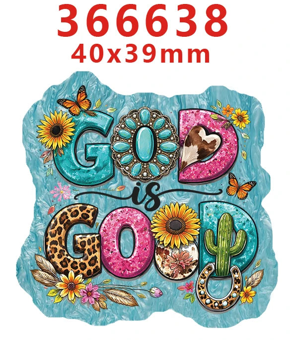 A set of faith-themed water ripple acrylic hair bows featuring the text "God is good" surrounded by flowers and a cactus.