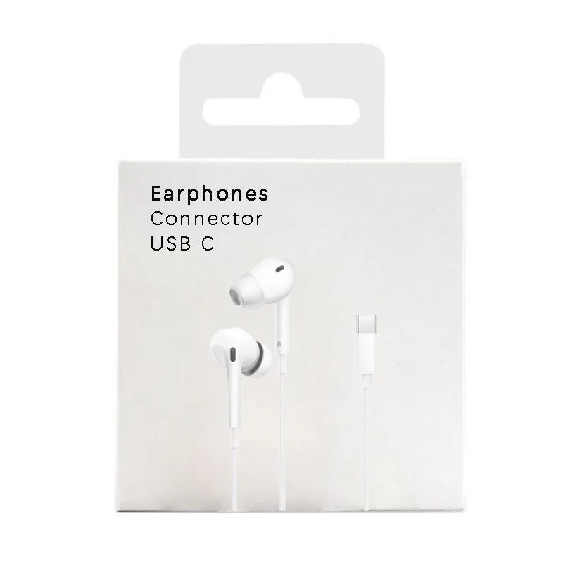 White earphones with USB C connectors shown in a product packaging box.