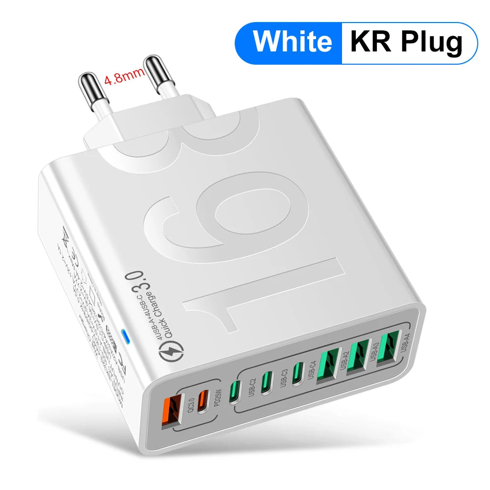 White KR Plug high-speed multi-port charging adapter with USB ports and a connector.