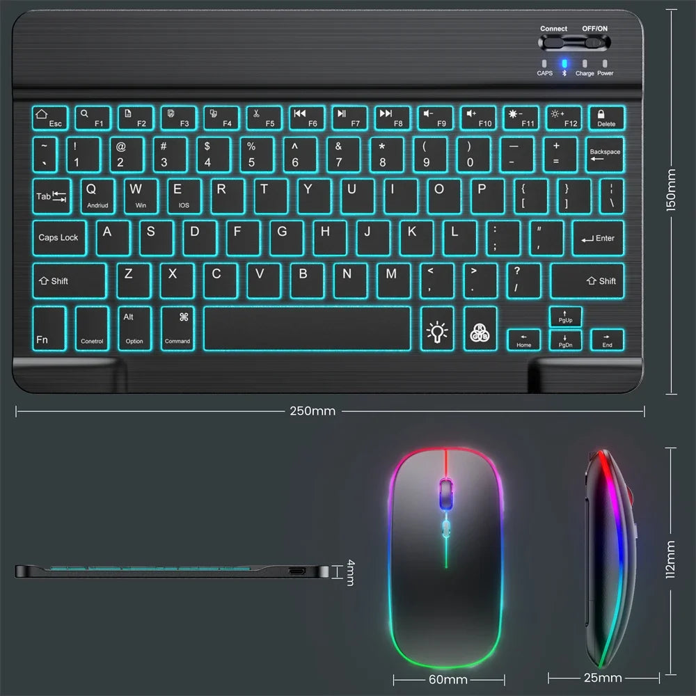 Combo de teclado y mouse Bluetooth negro multilingüe con iluminación RGB personalizable.