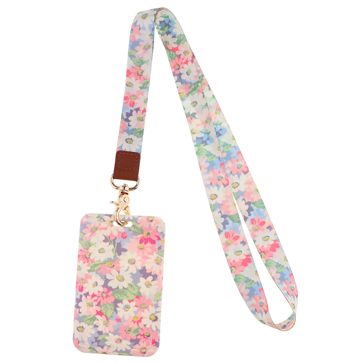 A pink floral patterned fashion lanyard strap with a gold-colored ID badge holder attached.