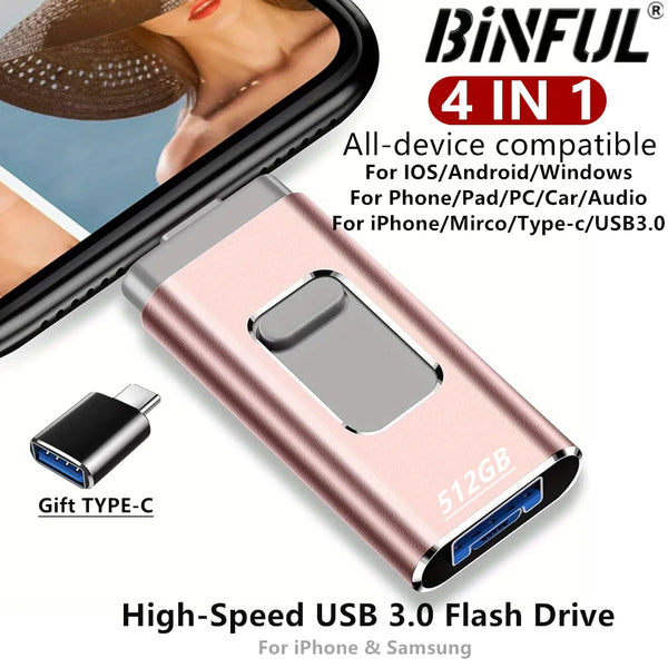 A pink portable flash drive with a silver cap and a black connector, marketed as a 4-in-1 device.