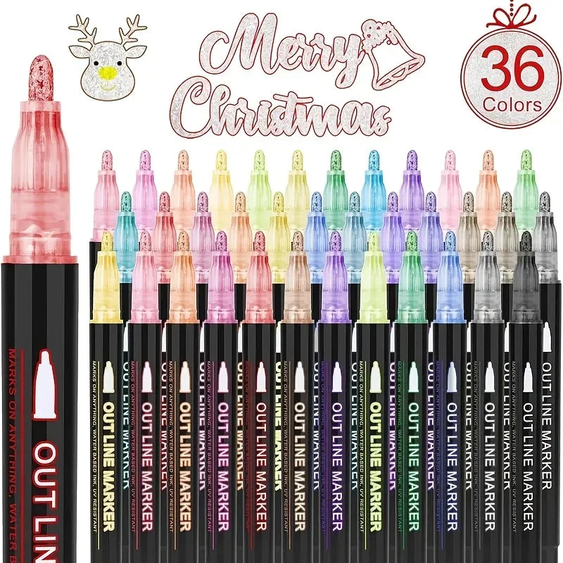 A set of 36 colored double line outline markers for drawing and art