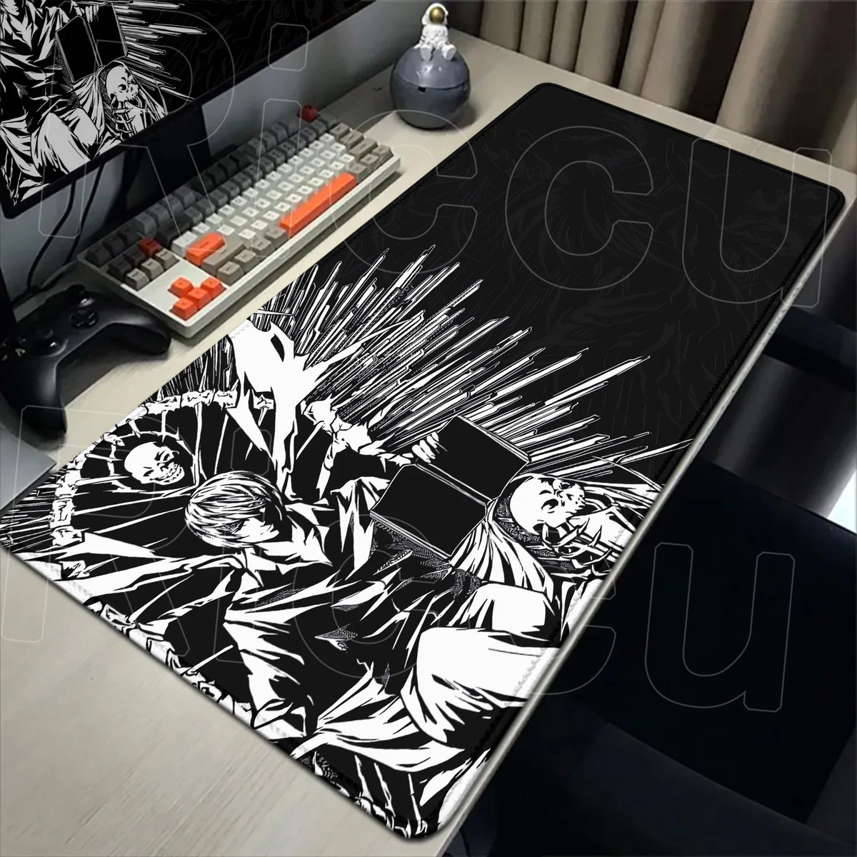 Black and white illustration of a fierce character on an oversized mouse pad for gaming or office use.