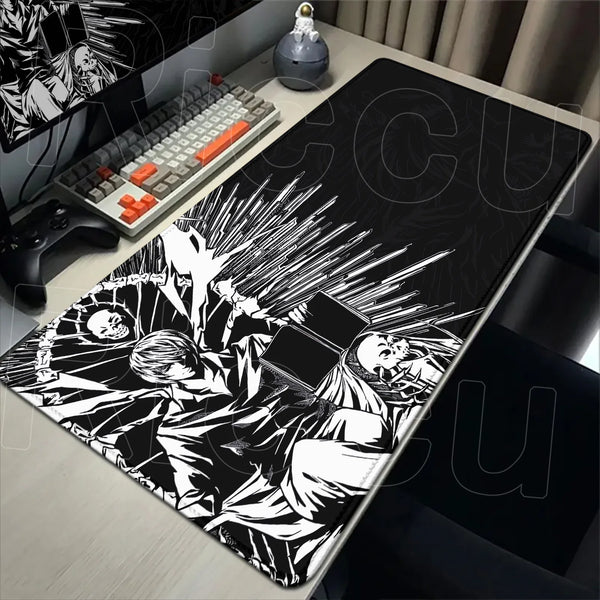 Black and white illustration of a fierce character on an oversized mouse pad for gaming or office use.