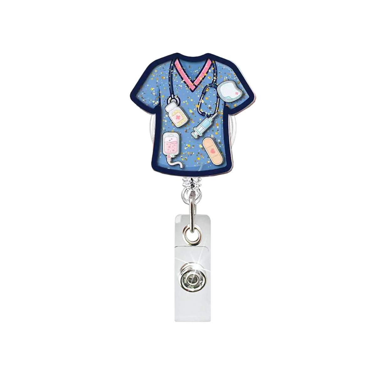 Anime large intestine badge reel featuring a blue shirt design with various medical-themed pins