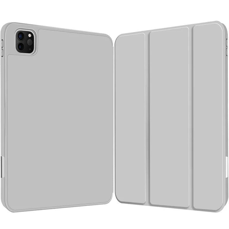 Grauer Silikon-Schutzhülle für ein Apple iPad, zeigt mehrere Ansichten des Geräts.