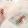A hand is holding an open clear plastic storage book filled with numerous mini stickers for crafting and journaling.