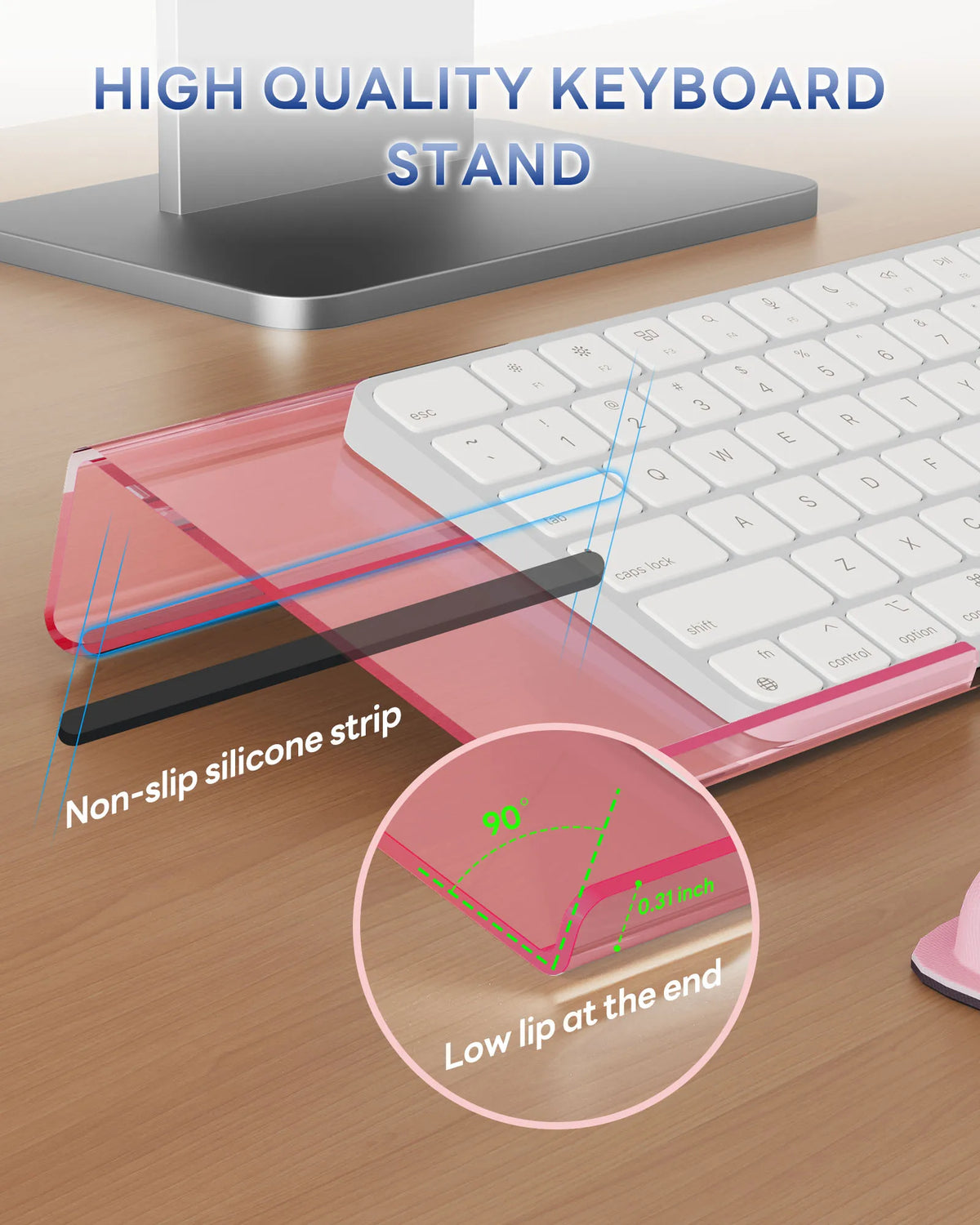 A high quality keyboard stand featuring a pink acrylic wrist rest and a non-slip silicone strip for ergonomic use.