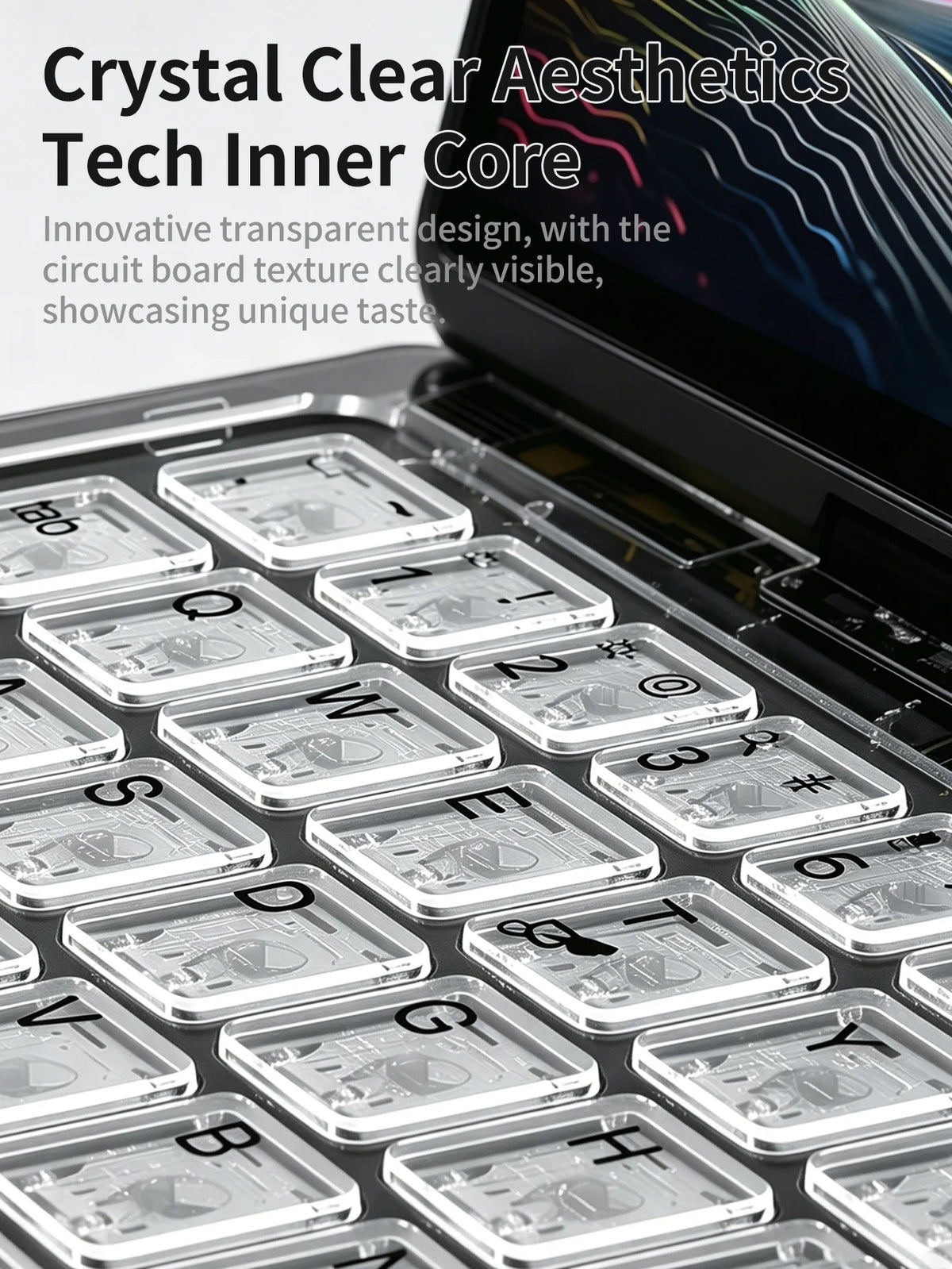 Close-up of a clear aesthetic tech inner core keyboard case with visible circuit board texture.
