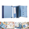 A blue expanding accordion document organizer file folder shown in various open and closed configurations.