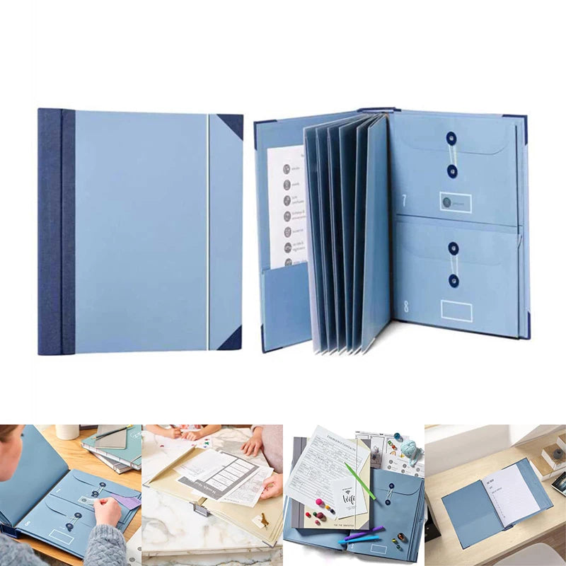 A blue expanding accordion document organizer file folder shown in various open and closed configurations.