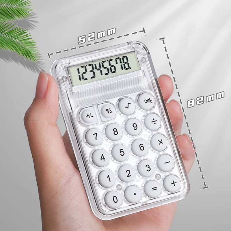 A hand holds a clear, portable 8-digit mini calculator displaying the number 12345678.