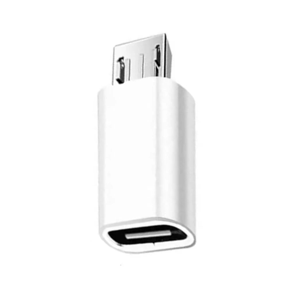 A white USB-C to Micro USB adapter for charging and data sync.