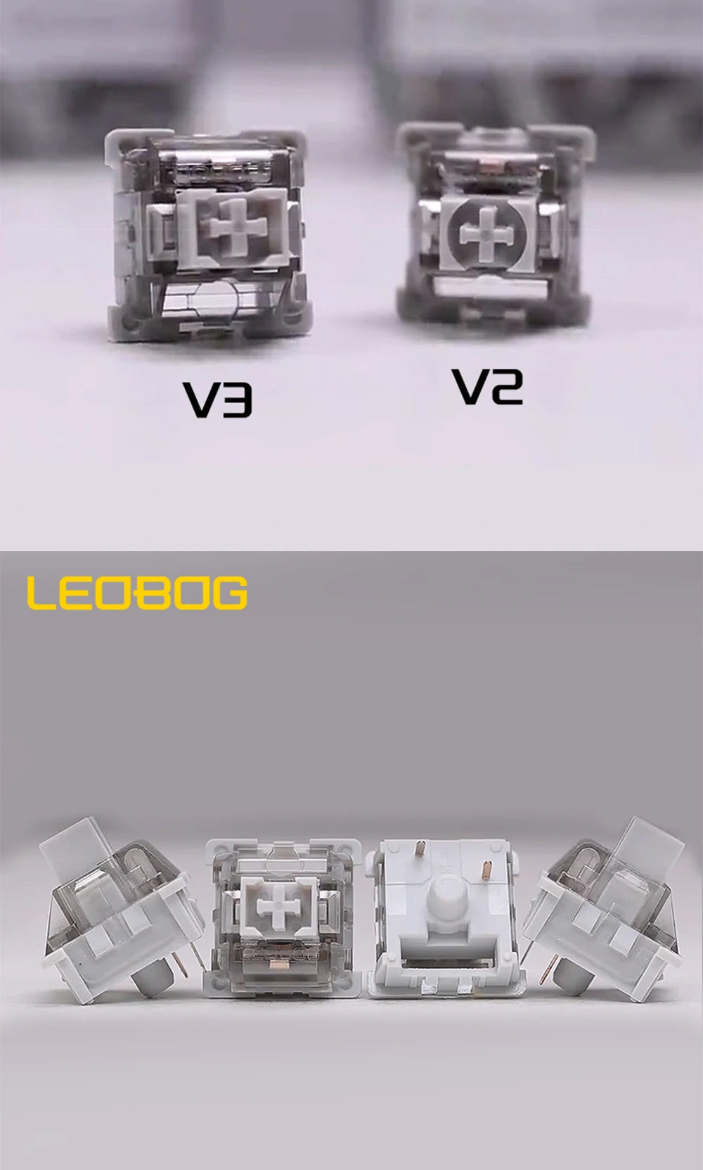 Comparison of V3 and V2 linear mechanical keyboard switches shown alongside a set of LEOBOG gray switches.
