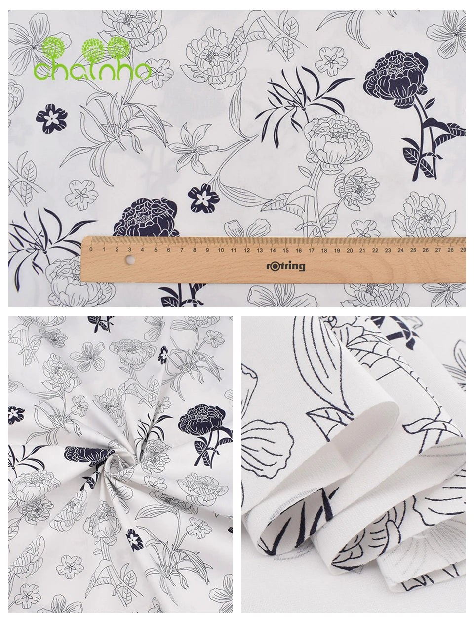 Weiß gedruckter Twill-Baumwollstoff mit floralem und botanischem Muster in schwarzen Linienzeichnungen.